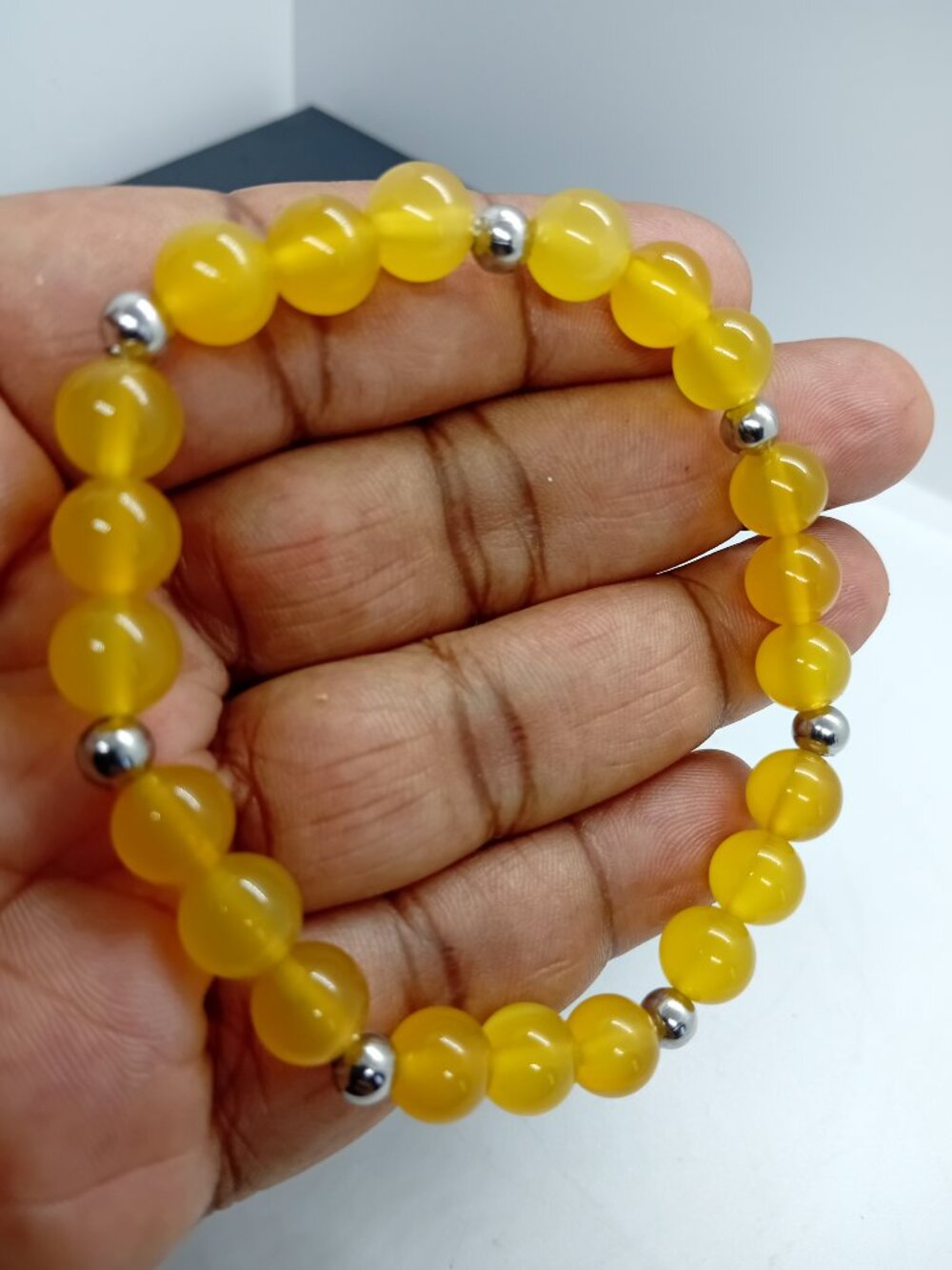 NWT 304 Stainless Steel Agate Stretch Bead Bracelet Yellow Women Size 7.5"